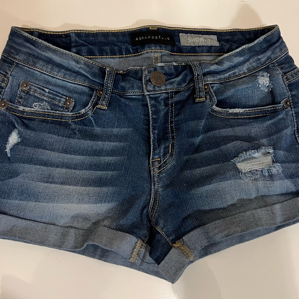 Aeropostale Blue Jean Shorts with Cuffed Hem and Distressed Details